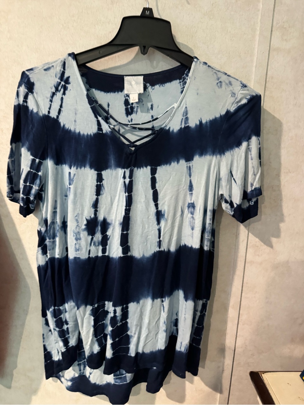 Sunday Navy and Light Blue Tie-Dye Crisscross Short Sleeve Tee